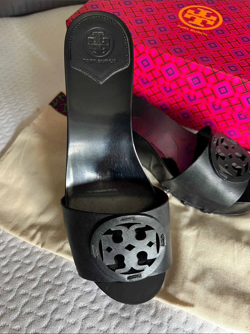 Tory Burch Black Leather Logo Slide Mules